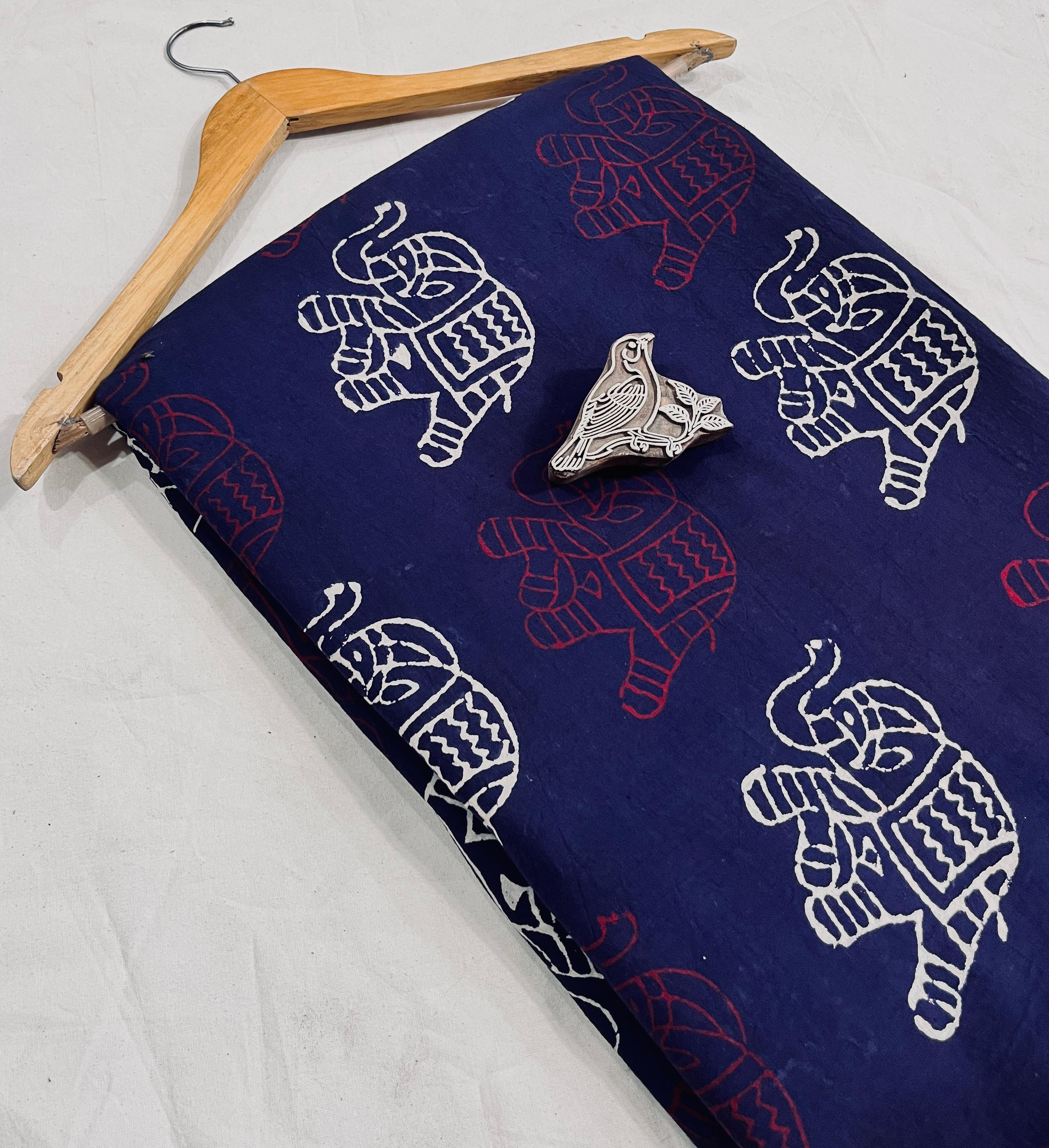 Blue elephant motif Dabu handblock cotton fabric, pure cotton artisan-made wholesale textile